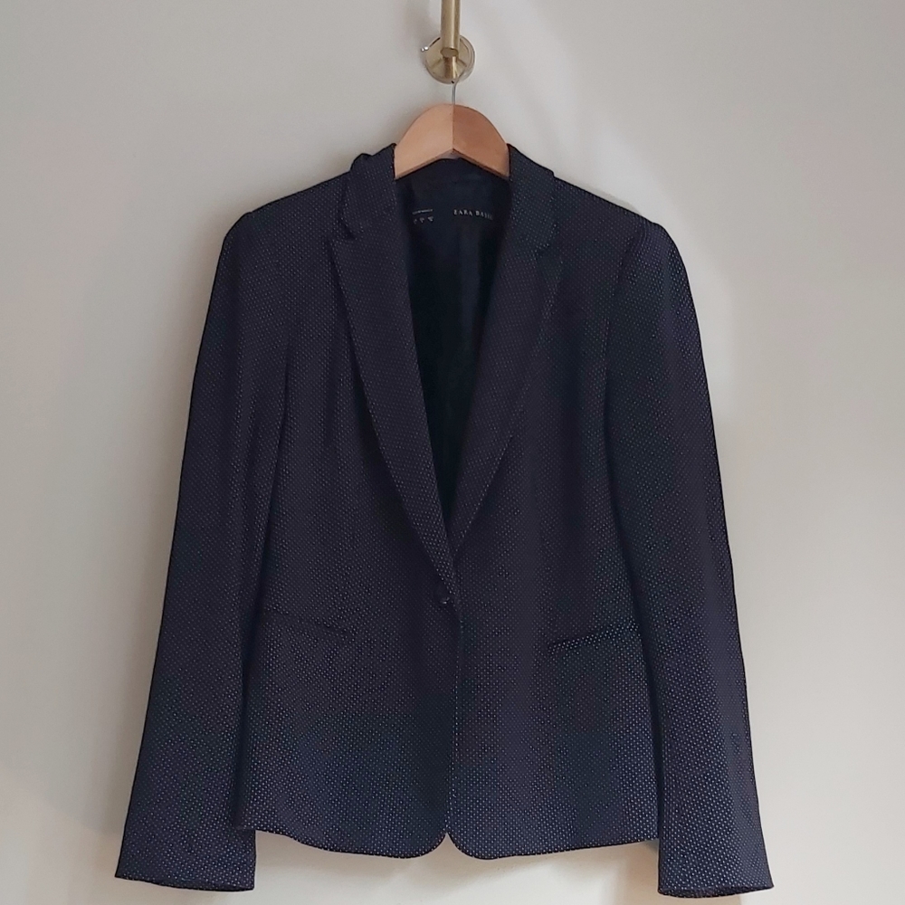 NAVY BLUE POLKA DOT BLAZER | DARK BLUE BLAZER | ZARA SOFT BLAZER
